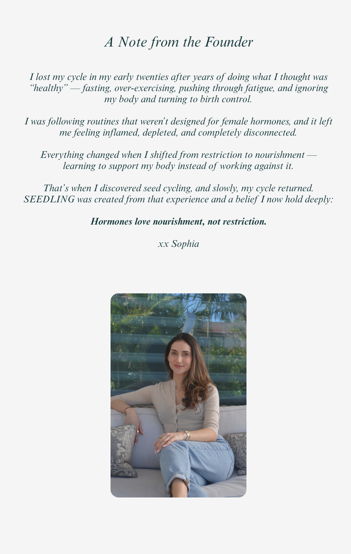 Note from the Founder with a photo of a woman sitting on a couch.