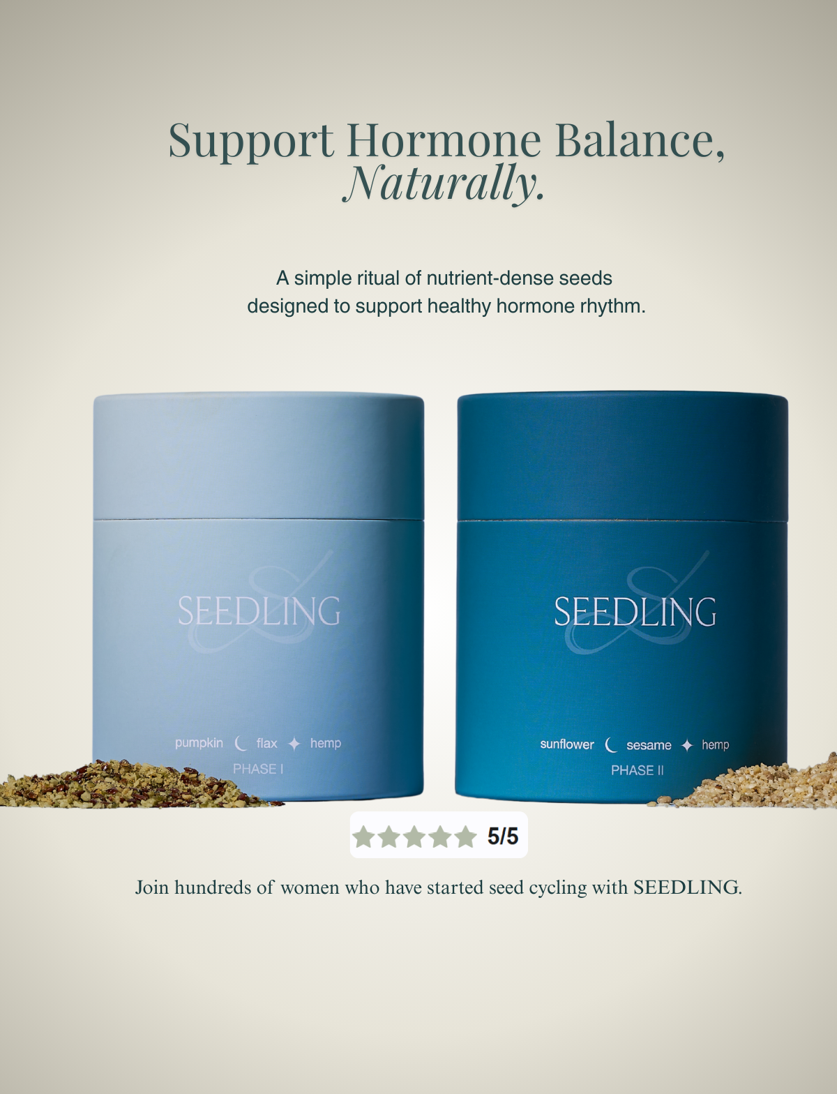 Two blue containers labeled 'Seedling' on a beige background with text about hormone balance.