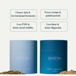 Two blue containers labeled 'Seedling' with text about health benefits on a light gray background.