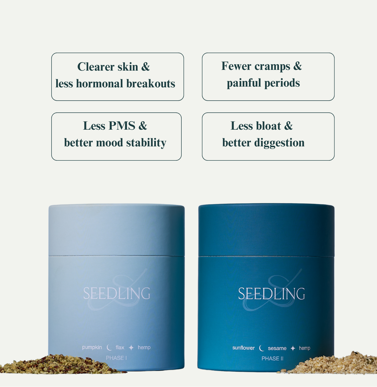 Two blue containers labeled 'Seedling' with text about health benefits on a light gray background.