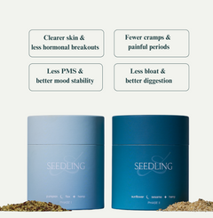 Two blue containers labeled 'Seedling' with text about health benefits on a light gray background.