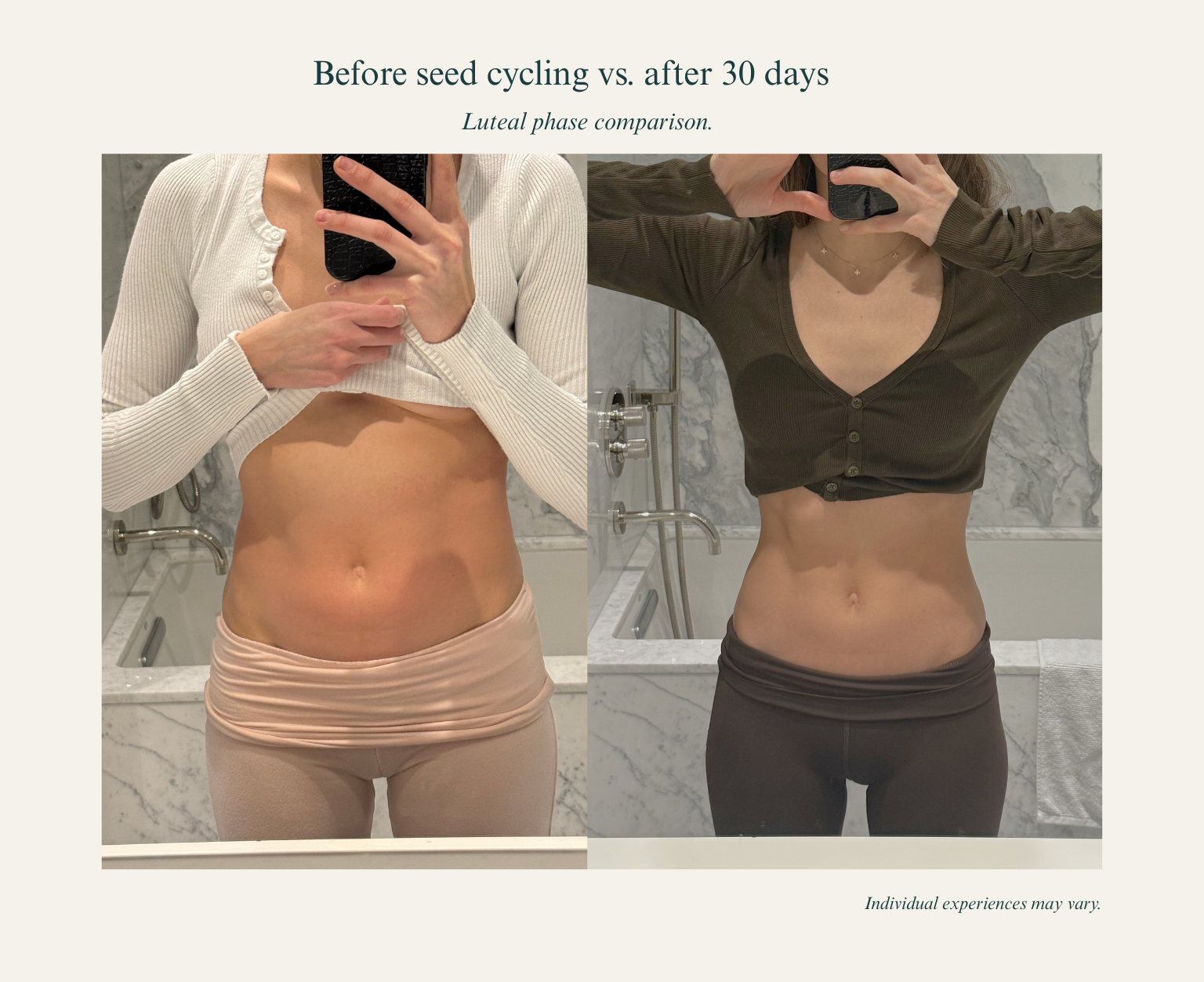 Before and after seed cycling comparison of a person's waistline.